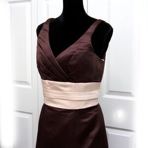 NWT Saison Blanche Brown Satin Bridesmaid/Prom Maxi Dress with Ivory Sash Sz 12‎